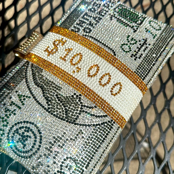 Rhinestone money clutch purse $100 dollar bills. Detachable gold strap & handle. - Picture 3 of 7